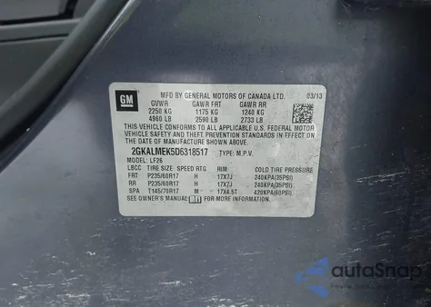 2013 GMC Terrain Sle-1 from USA, damaged, VIN 2GKALMEK5D6318517